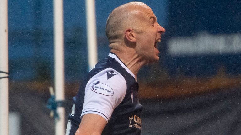 Dundee's Charlie Adam celebrates making it 2-0 during the Scottish Premiership play-off final first leg match 