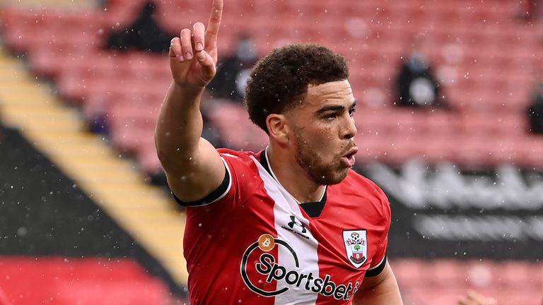 Che Adams celebrates giving Southampton the lead over Fulham