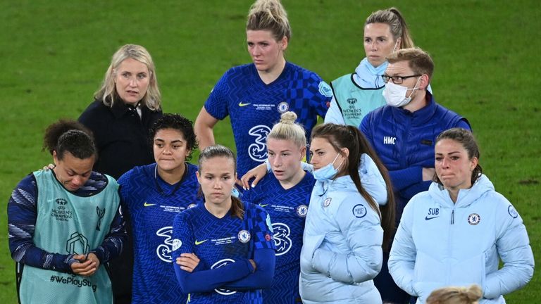 Chelsea's team looks sad after the end of the UEFA Women's Champions League final between Chelsea FC and FC Barcelona in Gothenburg, Sweden, on May 16, 2021. 
