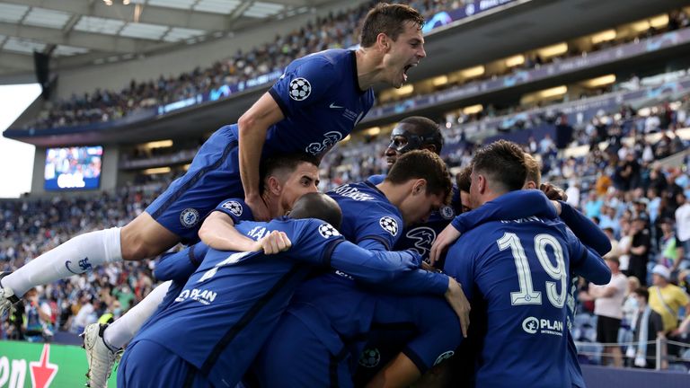 Chelsea players celebrate taking the lead against Man City in the Champions League final