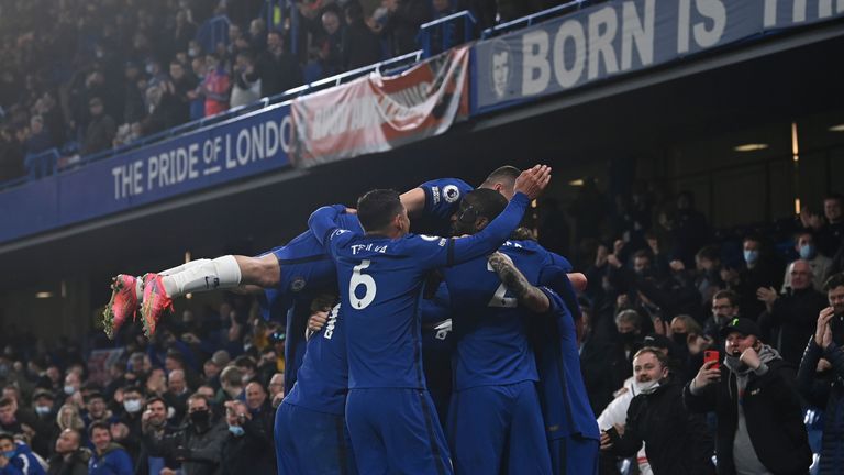 Chelsea players celebrate after going 2-0 up (AP)