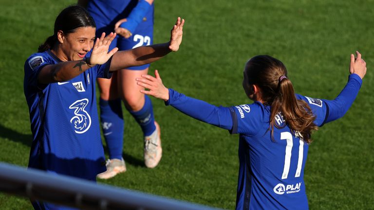 Chelsea's Sam Kerr celebrates with Guro Reiten after scoring against Tottenham in WSL