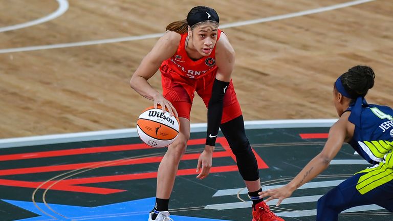 Atlanta guard Chennedy Carter looks to pass the ball during the WNBA game between the Dallas Wings and the Atlanta Dream