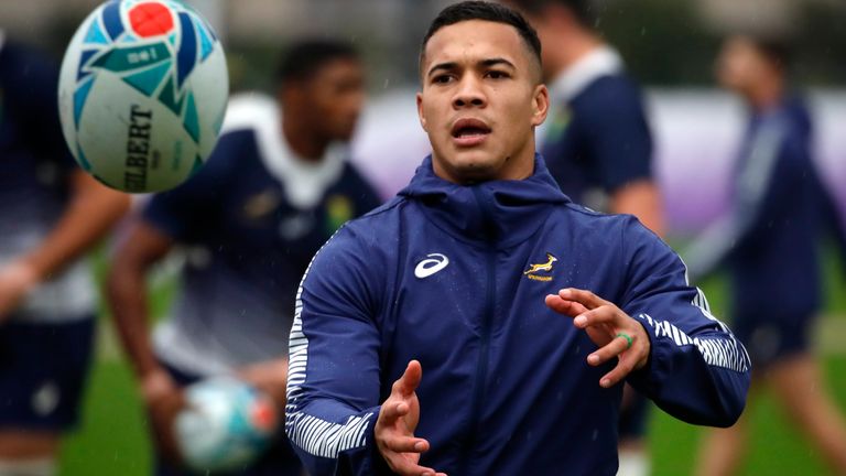 South Africa's Cheslin Kolbe passes the ball during a training session in Urayasu, outside Tokyo, Japan, Tuesday, Oct. 29, 2019. South Africa will play England in the Rugby World Cup final on Saturday Nov. 2. in Yokohama. (