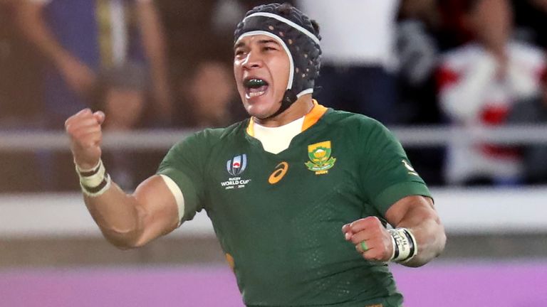 South Africa's Cheslin Kolbe passes the ball during a training session in Urayasu, outside Tokyo, Japan, Tuesday, Oct. 29, 2019. South Africa will play England in the Rugby World Cup final on Saturday Nov. 2. in Yokohama. (