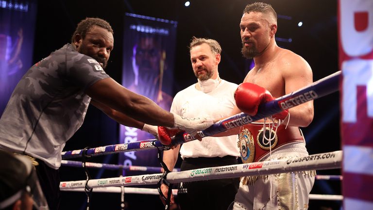 *** FREE FOR EDITORIAL USE ***.Derek Chisora vs Joseph Parker, Heavyweight Contest..2 May 2021.Picture By Mark Robinson Matchroom Boxing..End of the contest.  The fighters talk. 