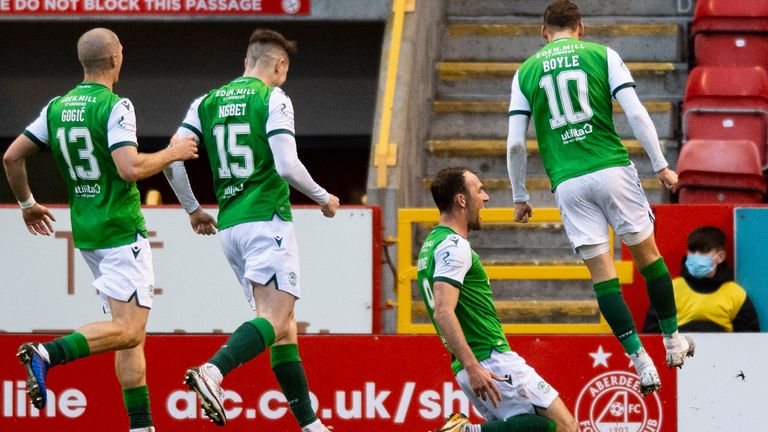 Hibernian's Christian Doidge celebrates his opener at Pittodrie