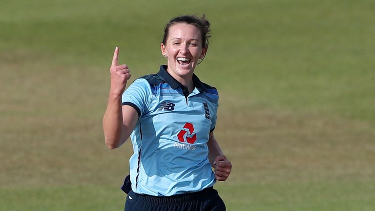 England's Kate Cross celebrates taking the wicket of Australia's Nicole Bolton during the second ODI of the  2019 Women's Ashes Series at Leicester. (PA Images)