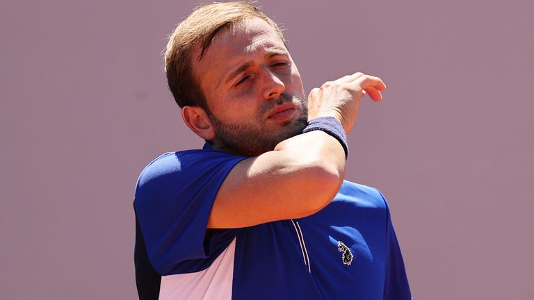 Dan Evans of Great Britain reacts in his First Round match against Miomir Kecmanovic of Serbia during Day One of the 2021 French Open at Roland Garros on May 30, 2021 in Paris, France. (Photo by Clive Brunskill/Getty Images)