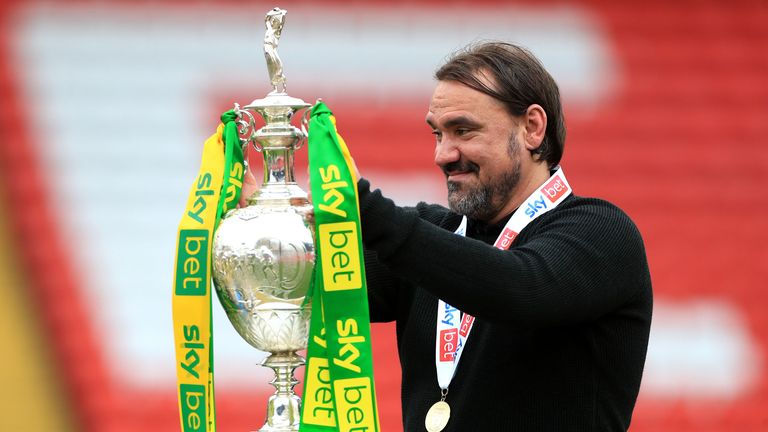 Norwich City manager Daniel Farke with the Sky Bet Championship trophy
