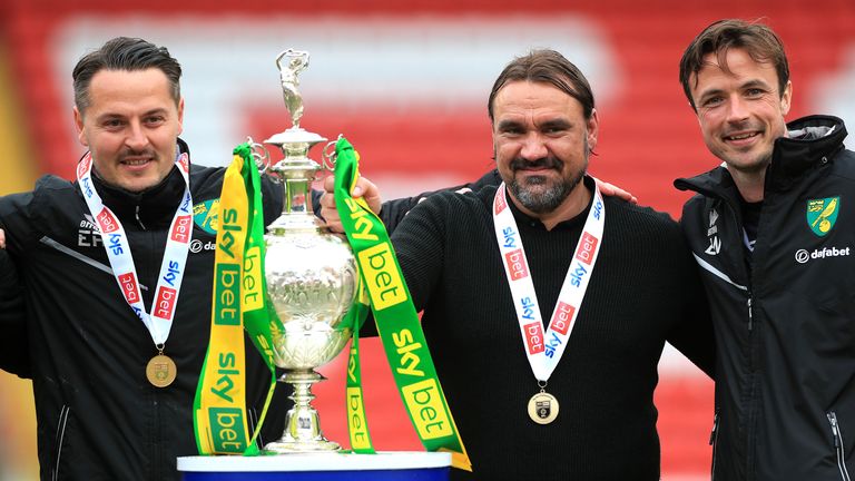 Norwich City manager Daniel Farke with the Sky Bet Championship trophy
