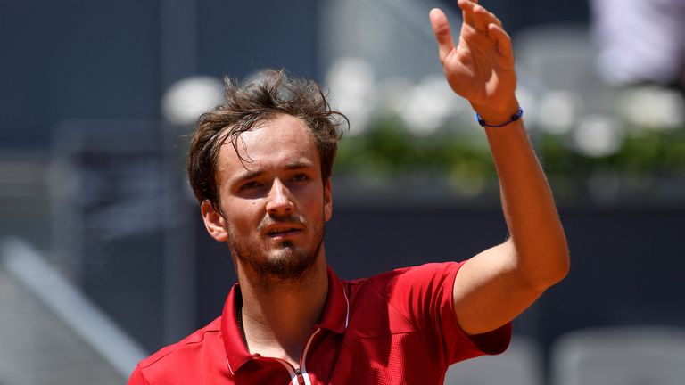 Daniil Medvedev celebrates beating Spain's Alejandro Davidovich during their 2021 ATP Tour Madrid Open tennis tournament singles match at the Caja Magica in Madrid on May 5, 2021. (Photo by OSCAR DEL POZO / AFP) (Photo by OSCAR DEL POZO/AFP via Getty Images)