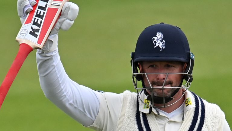 CANTERBURY, ENGLAND - MAY 21: Darren Stevens of Kent celebrates his 150 during the LV= Insurance County Championship match between Kent and Glamorgan at The Spitfire Ground on May 21, 2021 in Canterbury, England. (Photo by Justin Setterfield/Getty Images)