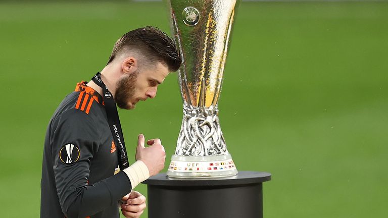 David De Gea walks past the Europa League trophy in Gdansk