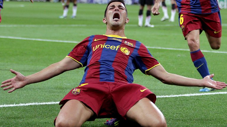 David Villa celebra su gol ante el Manchester United en la final de la UEFA Champions League 2011