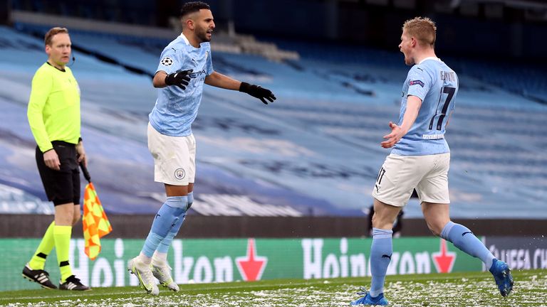 Kevin De Bruyne celebrates with Riyad Mahrez during Man City's Champions League semi-final win over Paris St-Germain