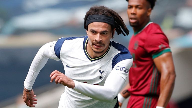 Tottenham&#39;s Dele Alli controls the ball during the English Premier League soccer match between Tottenham Hotspur and Wolverhampton Wanderers at Tottenham Hotspur Stadium in London, England, Sunday, May 16, 2021. (AP Photo/Andrew Couldridge, Pool)