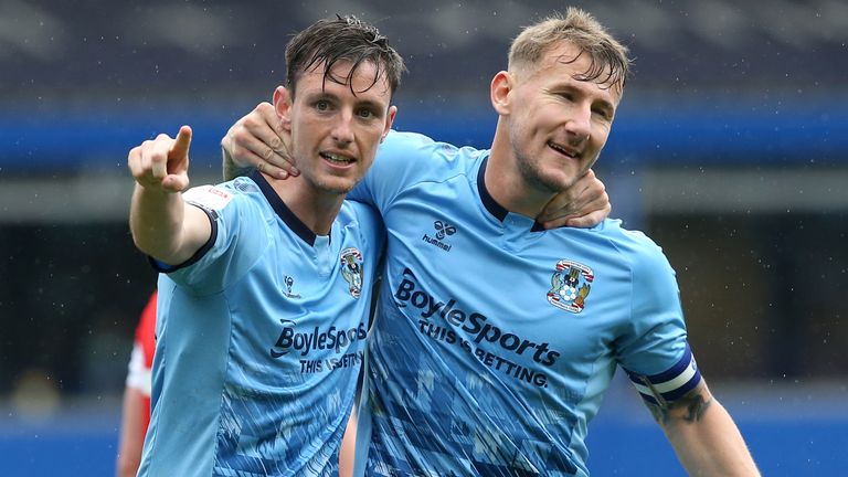 Coventry City's Dominic Hyam (left) celebrates scoring their third goal of the game