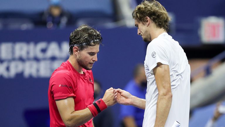 Dominic Thiem of Austria shakes hands with Alexander Zverev of Germany after winning their Men's Singles final match on Day Fourteen of the 2020 US Open at the USTA Billie Jean King National Tennis Center on September 13, 2020 in the Queens borough of New York City. (Photo by Matthew Stockman/Getty Images)