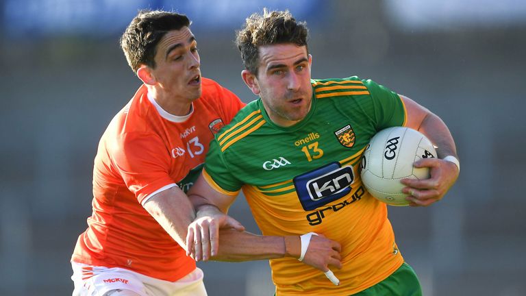 Paddy McBrearty of Donegal in action against Rory Grugan of Armagh