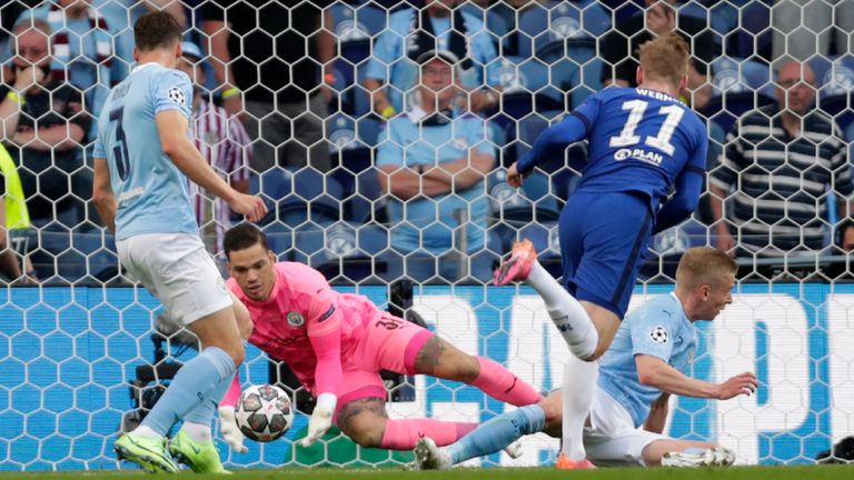 Ederson saves from Timo Werner in the first half of the Champions League final