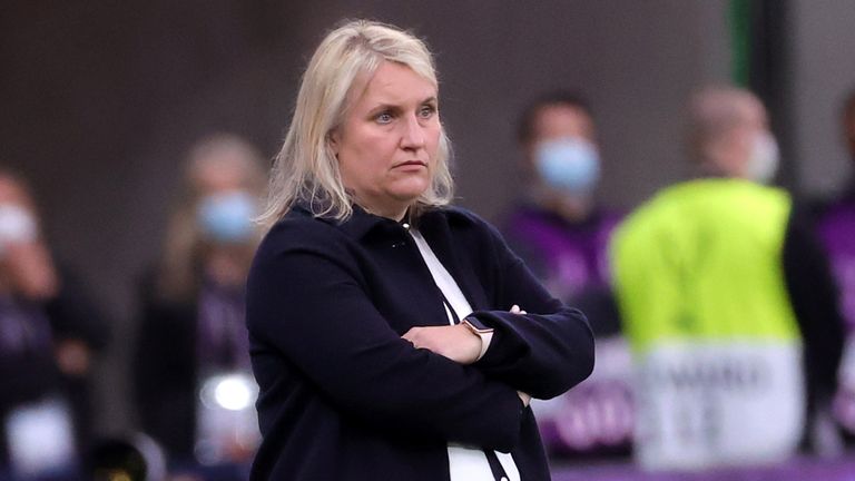 Chelsea manager Emma Hayes appears frustrated during the UEFA Women&#39;s Champions League final