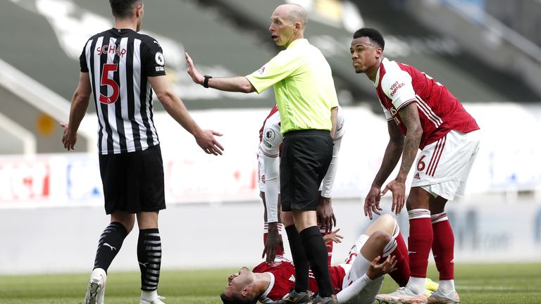 Fabian Schar was sent off in stoppage-time for a late challenge on Gabriel Martinelli