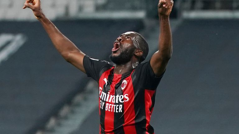 Fikayo Tomori celebrates after scoring for AC Milan