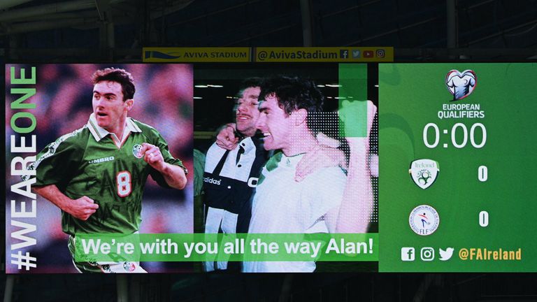 A message of support shown on the big screen for former Republic of Ireland footballer Alan McLoughlin, who is currently undergoing cancer treatment, before the the FIFA World Cup 2022 qualifying group A match between Republic of Ireland and Luxembourg
