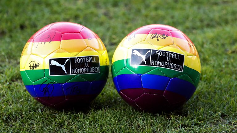 WALSALL, ENGLAND - DECEMBER 05: A detailed view of Football v Homophobia rainbow balls ahead of the Barclays FA Women's Super League match between Aston Villa Women and Manchester United Women at Bank's Stadium on December 05, 2020 in Walsall, England. (Photo by Catherine Ivill/Getty Images)
