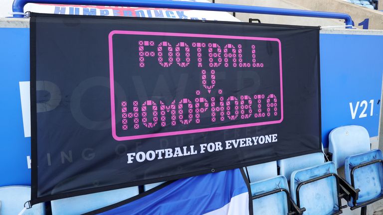 LEICESTER, ENGLAND - FEBRUARY 28: Football v Homophobia campaign banners at King Power Stadium ahead of the Premier League match between Leicester City and Arsenal at King Power Stadium on February 28, 2021 in Leicester, United Kingdom. Sporting stadiums around the UK remain under strict restrictions due to the Coronavirus Pandemic as Government social distancing laws prohibit fans inside venues resulting in games being played behind closed doors. (Photo by Plumb Images/Leicester City FC via Get