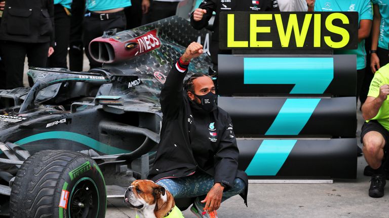 Lewis Hamilton celebrates equalling Michael Schumacher's record in Turkey last year