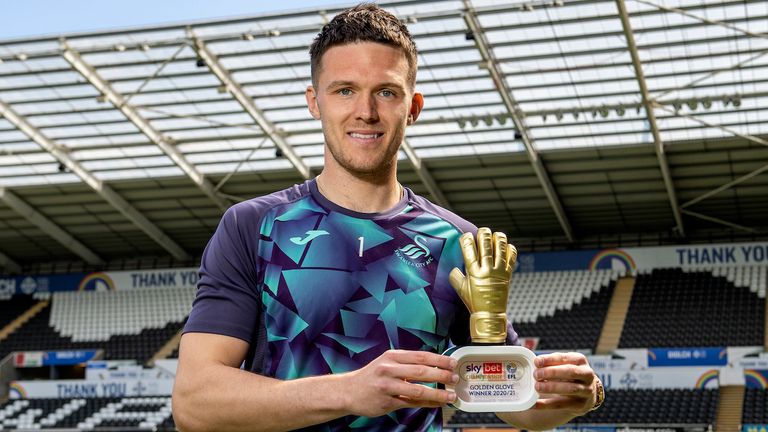 Pictured: Freddie Woodman of Swansea City with the Sky Bet EFL Championship Golden Glove Award at The Liberty Stadium in Swansea, Wales, UK. Friday 07 May 2020