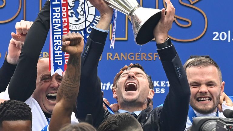 Rangers manager Steven Gerrard lifts the Premiership trophy during the Scottish Premiership match  between Rangers and Aberdeen  at Ibrox Stadium, on May 15, 2021, in Glasgow, Scotland. (Photo by Rob Casey / SNS Group)
