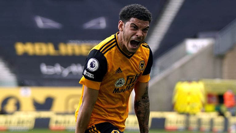 Morgan Gibbs-White celebrates his late winner for Wolves against Brighton