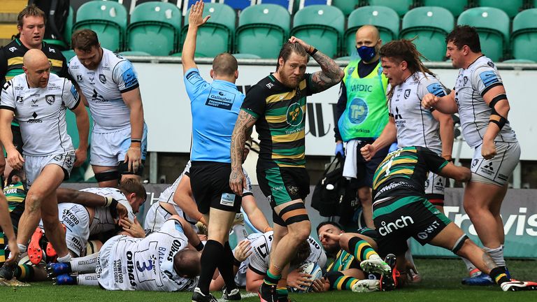 Teimana Harrison of Northampton Saints looks dejected after Jack Singleton scores Gloucester's third try during the Gallagher Premiership Rugby match between Northampton Saints and Gloucester at Franklin's Gardens on May 08, 2021 in Northampton, England.