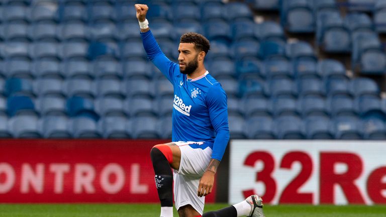 GLASGOW, SCOTLAND - JULY 22: Connor Goldson takes the knee before a pre-season friendly match between Rangers and Motherwell at Ibrox Stadium, on July 22, 2020, in Glasgow, Scotland. 