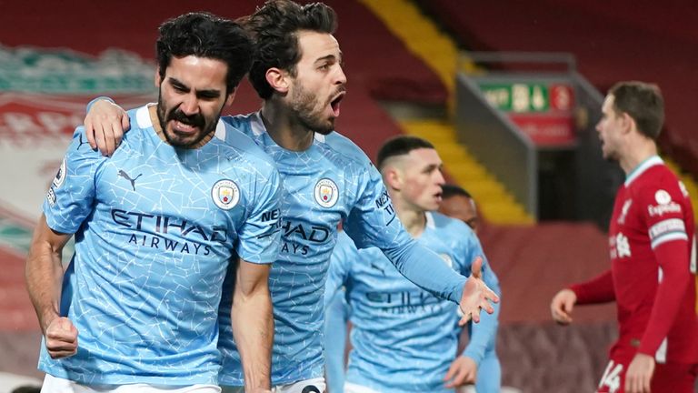 Man City's Ilkay Gundogan celebrates scoring against Liverpool 