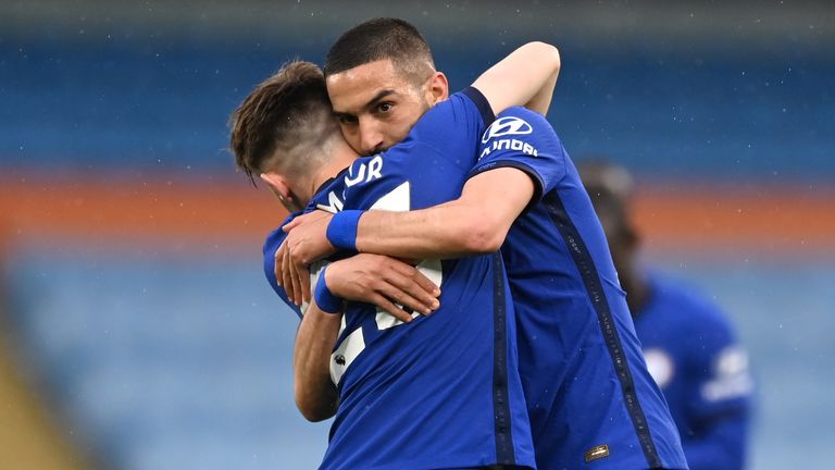 Hakim Ziyech celebrates the equaliser with team-mate Billy Gilmour