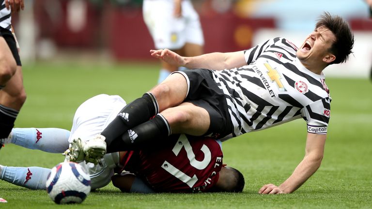 Harry Maguire is injured in a collision with Anwar El Ghazi