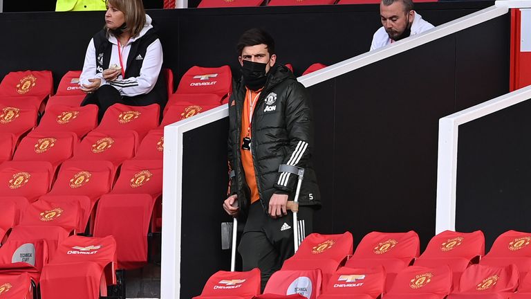 Harry Maguire was on crutches watching Manchester United at Old Trafford on Tuesday night