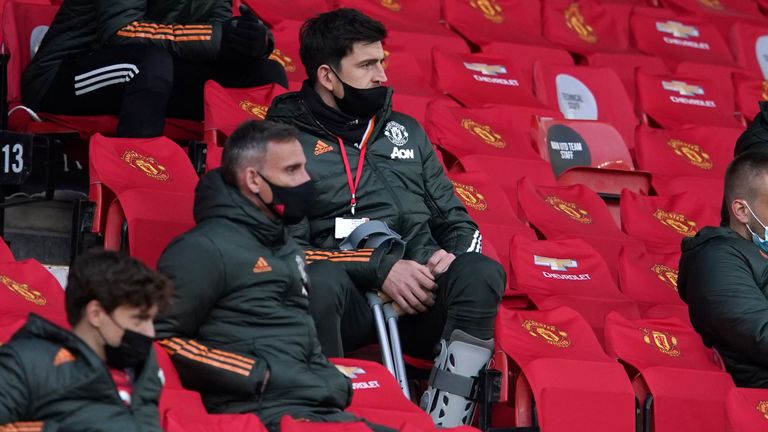 Harry Maguire had crutches and wore a brace when watching on from the stands during Man Utd&#39;s 4-2 defeat to Liverpool on Thursday