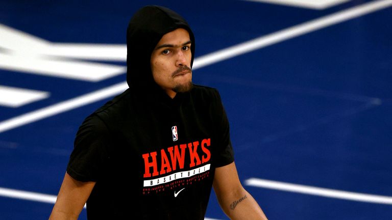 Atlanta Hawks&#39; Trae Young warms up for Game 2 in an NBA basketball first-round playoff series against the New York Knicks