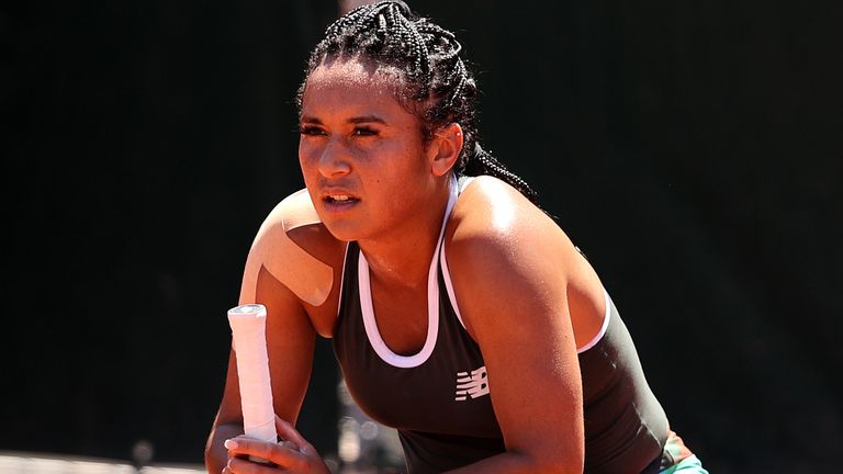 Heather Watson of Great Britain reacts in their ladies singles first round match against Zarina Diyas of Kazakhstan on day two of the 2021 French Open at Roland Garros on May 31, 2021 in Paris, France. (Photo by Clive Brunskill/Getty Images)