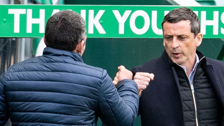 EDINBURGH, SCOTLAND - MAY 01: Hibernian manager Jack Ross (right) with St Johnstone manager Callum Davidson during a Scottish Premiership match between Hibernian and St Johnstone at Easter Road, on May 01, 2021, in Edinburgh, Scotland. (Photo by Ross Parker / SNS Group)