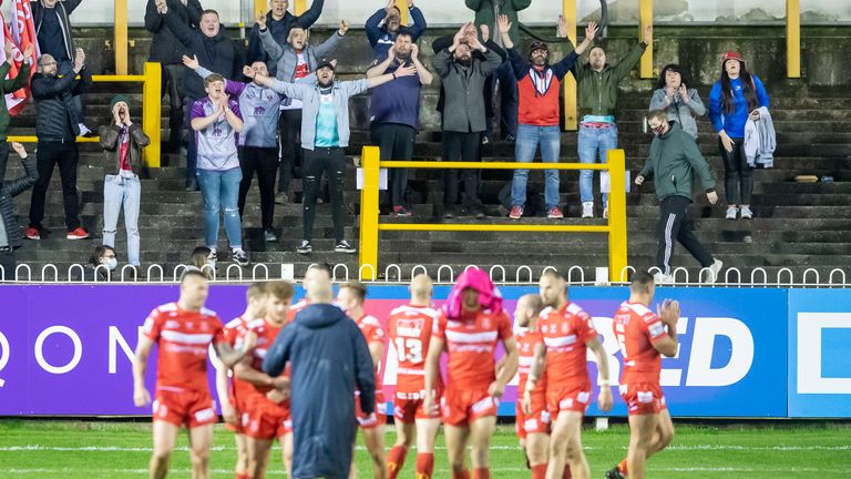 Hull KR fans clap their side after victory over Castleford in front of fans for the first time since the Covid-19 pandemic began