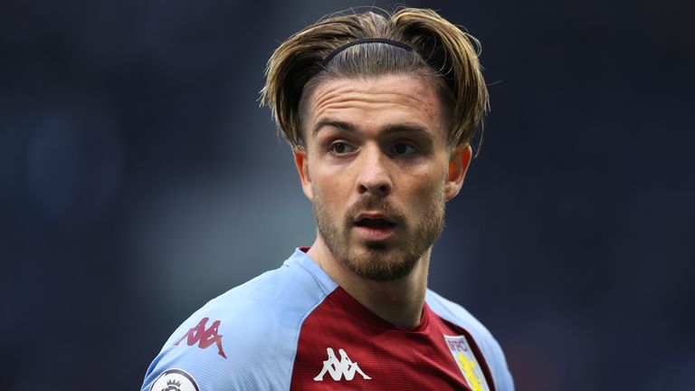 Aston Villa's Jack Grealish looks out during the English Premier League soccer match between Tottenham Hotspur and Aston Villa at the Tottenham Hotspur Stadium in London, Wednesday, May 19, 2021. (Richard Heathcote/Pool via AP)