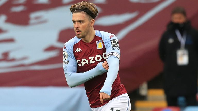Aston Villa's Jack Grealish takes the captain's armband after coming on as a sub against Everton