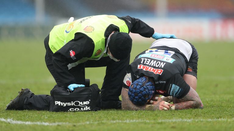 Exeter Chiefs' Jack Nowell is checked on after picking up an injury during the Gallagher Premiership match at Sandy Park, Exeter. Picture date: Saturday May 8, 2021.