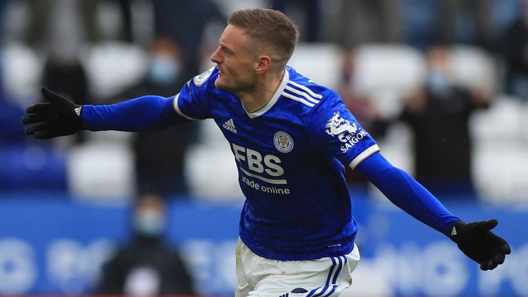 Leicester's Jamie Vardy celebrates after scoring his side's second goal from the penalty spot (AP)